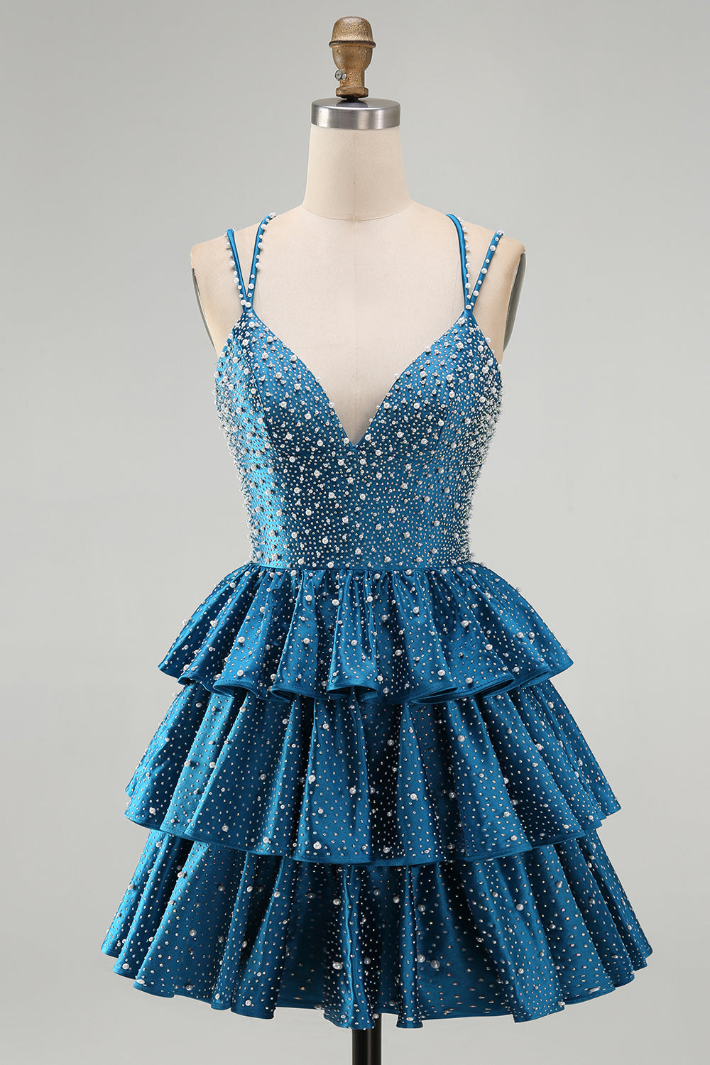 Sparkly Beaded Dark Blue Ruffled V-Neck Tiered Short Homecoming Dress with Pearls
