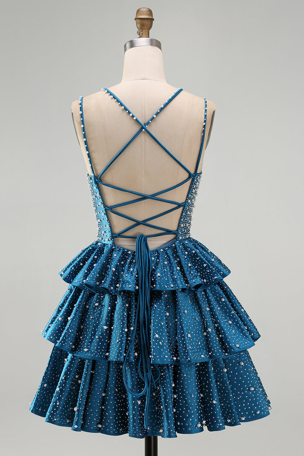 Sparkly Beaded Dark Blue Ruffled V-Neck Tiered Short Homecoming Dress with Pearls