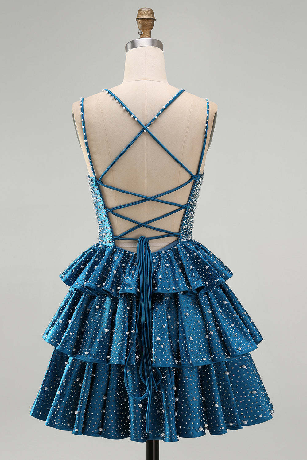 Sparkly Beaded Dark Blue Ruffled V-Neck Tiered Short Homecoming Dress with Pearls