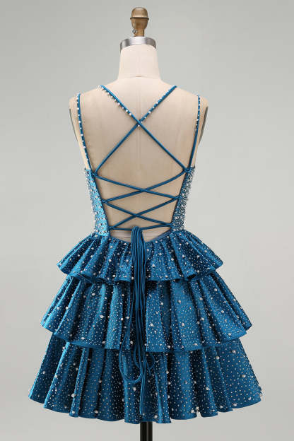 Sparkly Beaded Dark Blue Ruffled V-Neck Tiered Short Homecoming Dress with Pearls