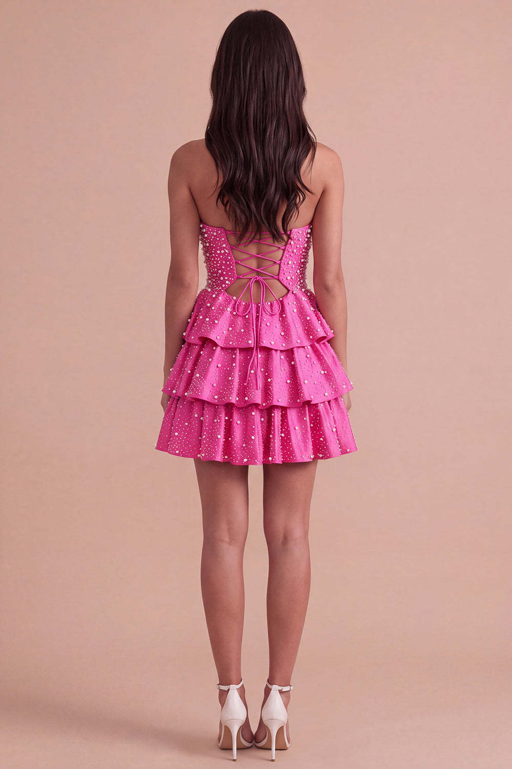 Fuchsia Ruffled Strapless Keyhole Tiered Short Homecoming Dress with Pearls