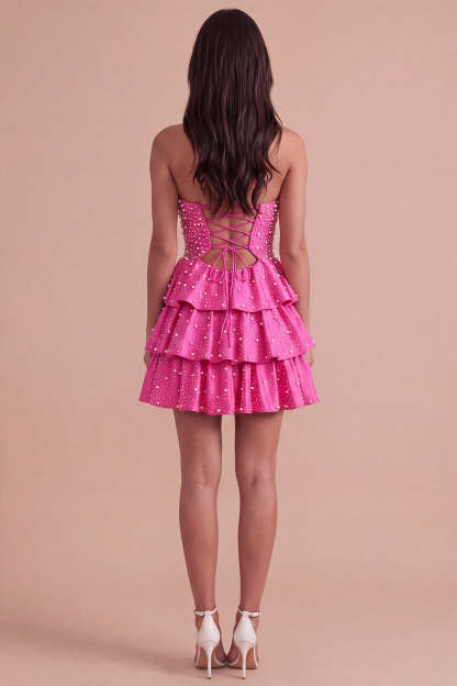Fuchsia Ruffled Strapless Keyhole Tiered Short Homecoming Dress with Pearls