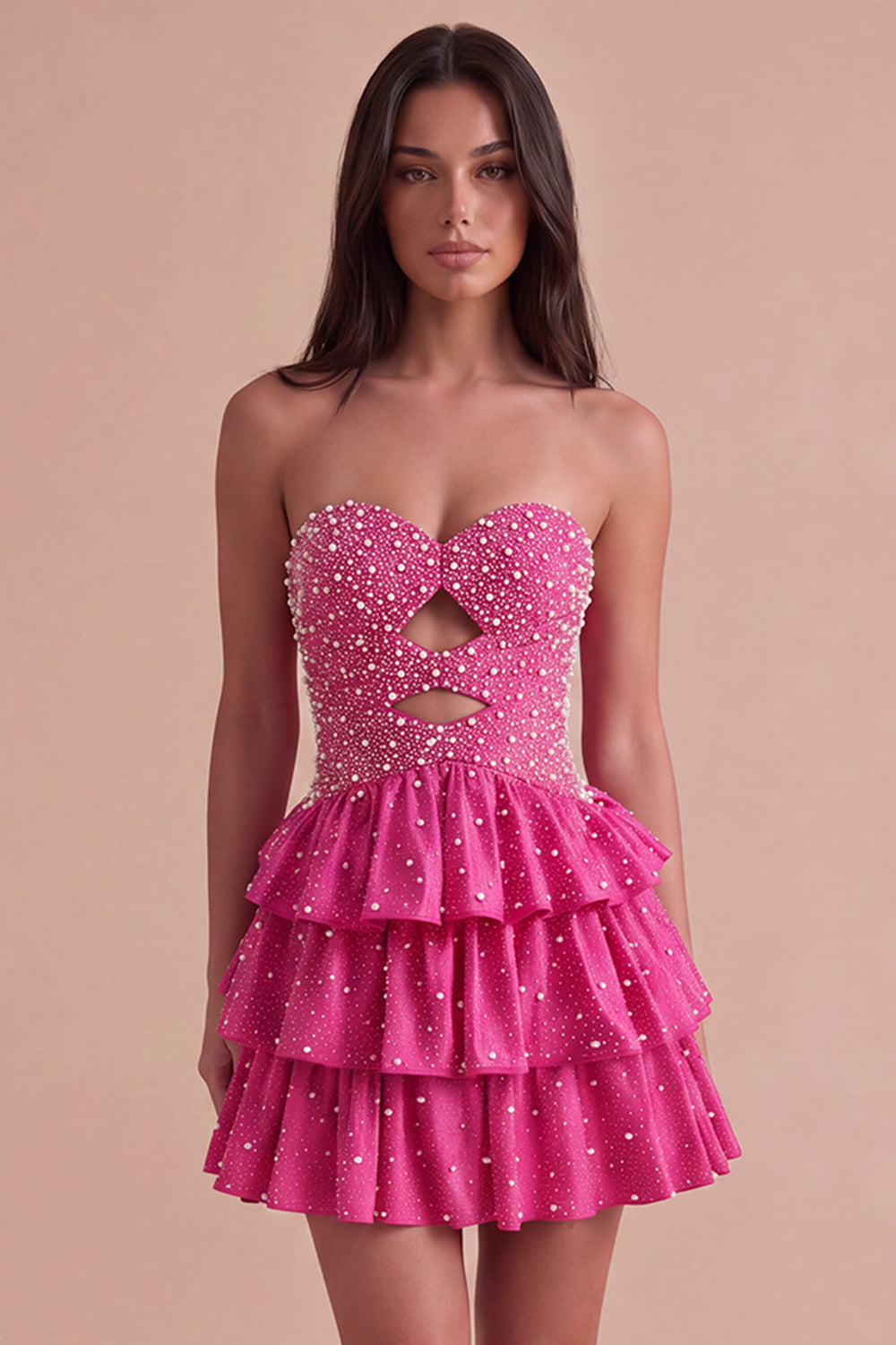 Fuchsia Ruffled Strapless Keyhole Tiered Short Homecoming Dress with Pearls