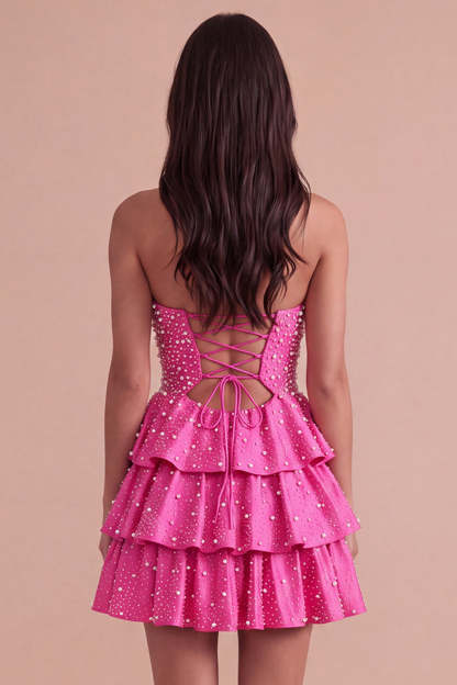 Fuchsia Ruffled Strapless Keyhole Tiered Short Homecoming Dress with Pearls