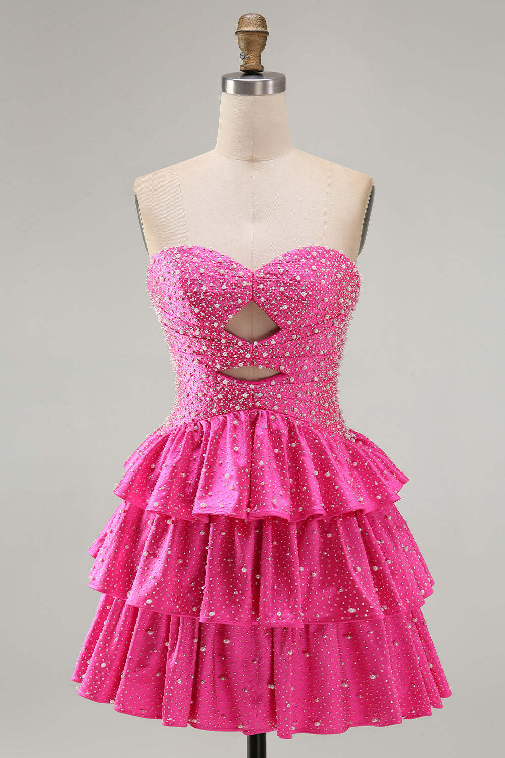 Fuchsia Ruffled Strapless Keyhole Tiered Short Homecoming Dress with Pearls