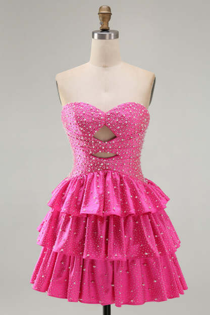 Fuchsia Ruffled Strapless Keyhole Tiered Short Homecoming Dress with Pearls