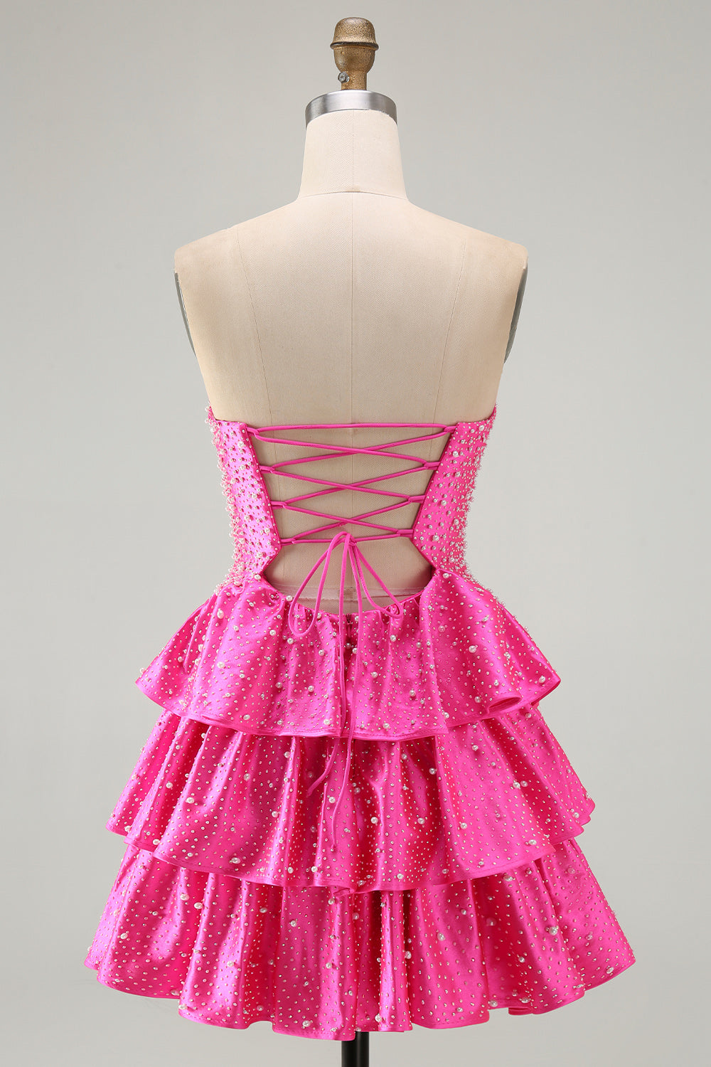 Fuchsia Ruffled Strapless Keyhole Tiered Short Homecoming Dress with Pearls