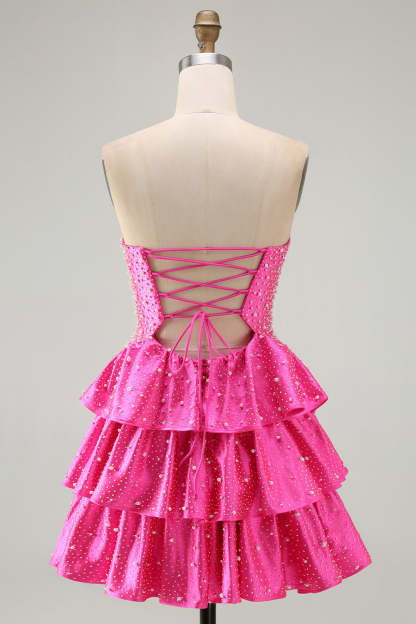 Fuchsia Ruffled Strapless Keyhole Tiered Short Homecoming Dress with Pearls