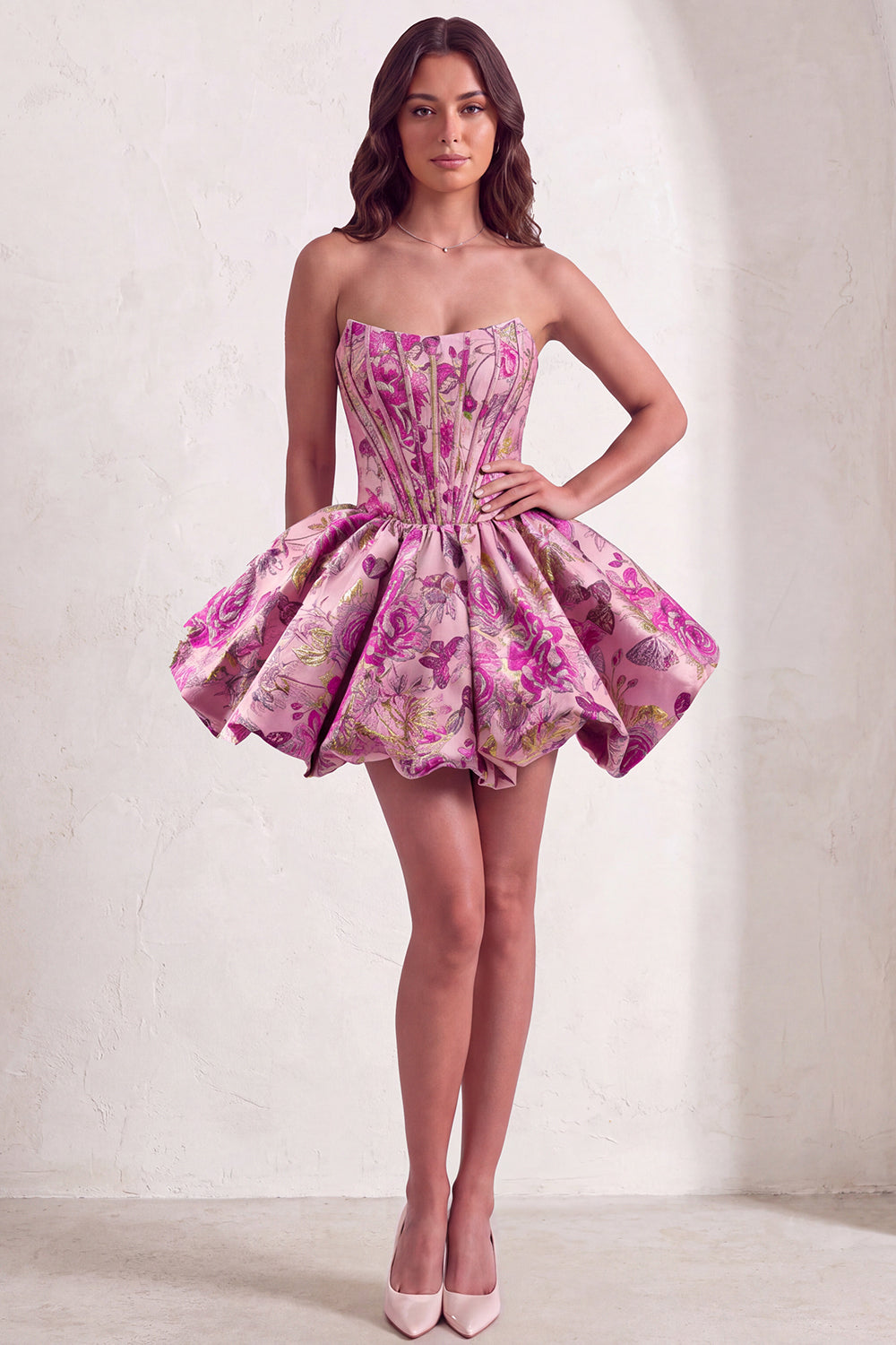 Red Corset Strapless Floral Short Jacquard Homecoming Dress