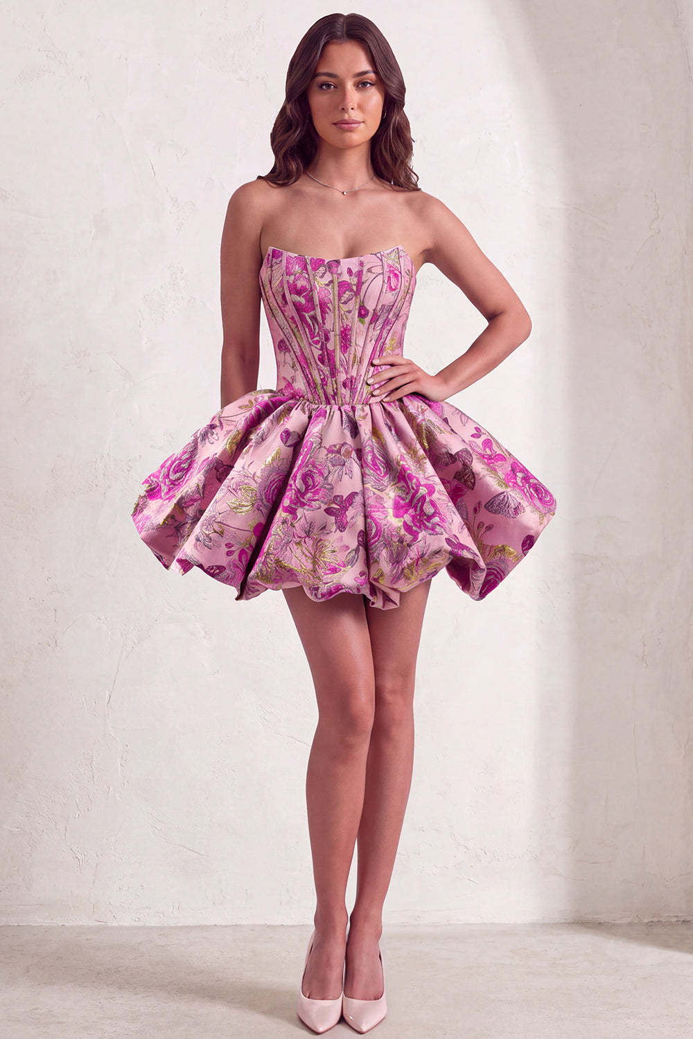 Red Corset Strapless Floral Short Jacquard Homecoming Dress