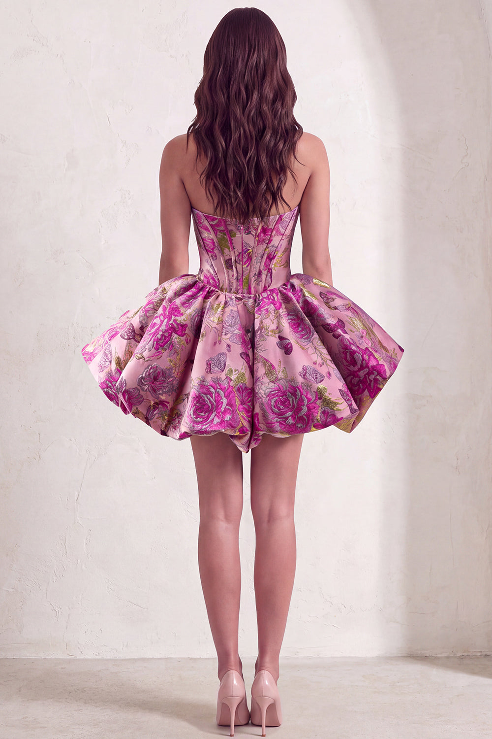 Red Corset Strapless Floral Short Jacquard Homecoming Dress