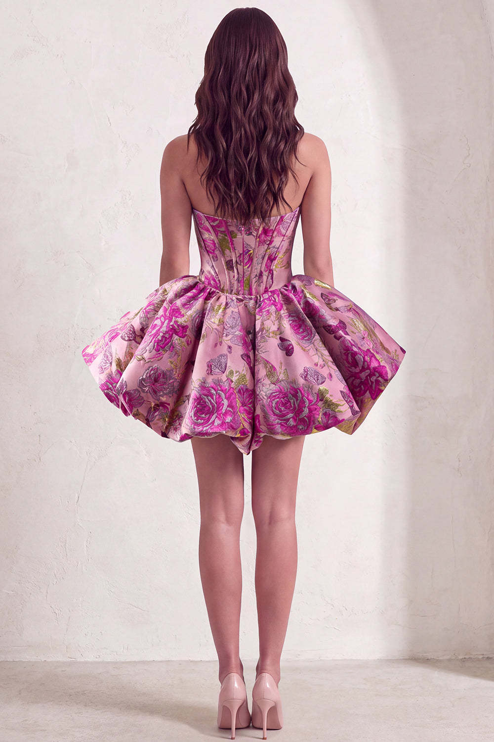 Red Corset Strapless Floral Short Jacquard Homecoming Dress