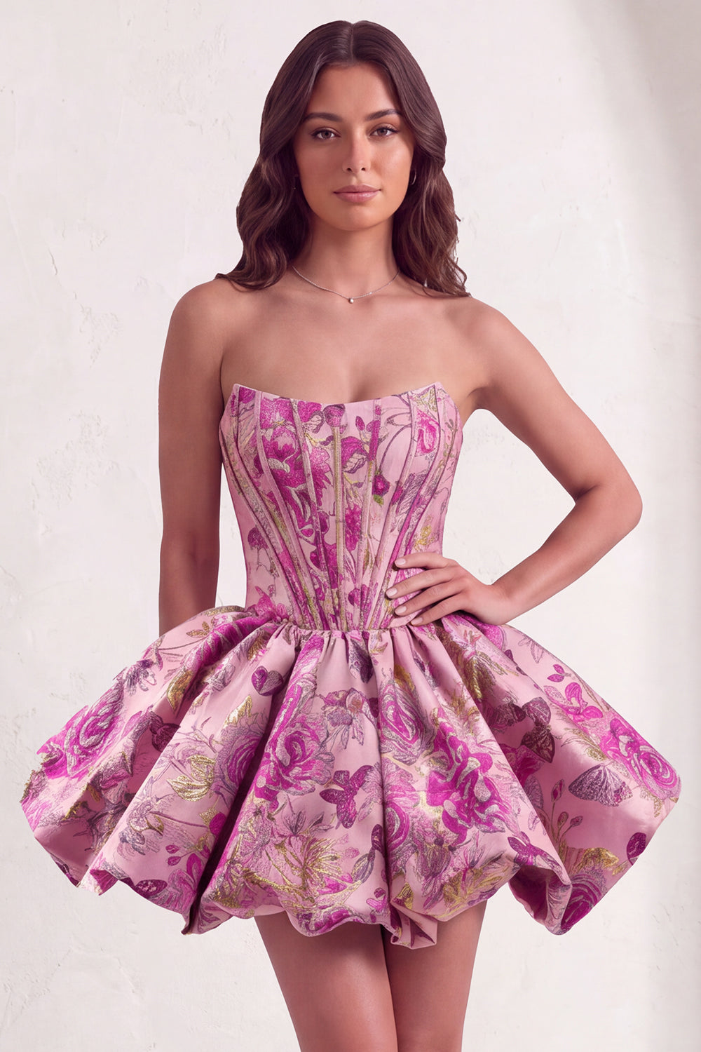 Red Corset Strapless Floral Short Jacquard Homecoming Dress