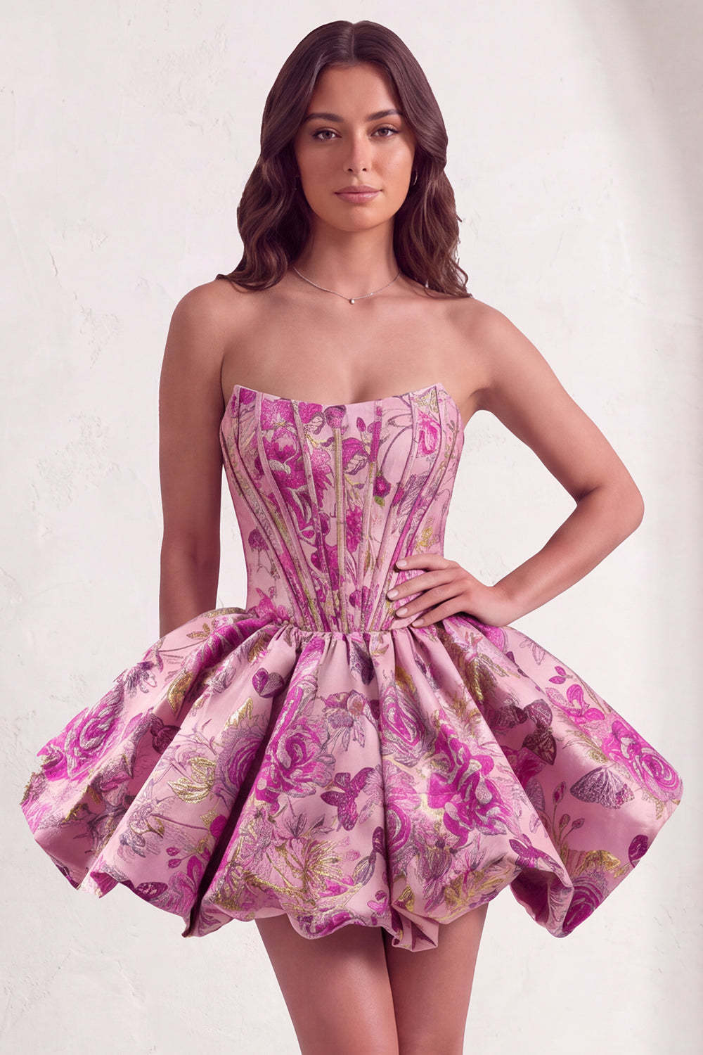 Leely Women Red Floral Corset Short Homecoming Dress Strapless Jacquard Cocktail Dress