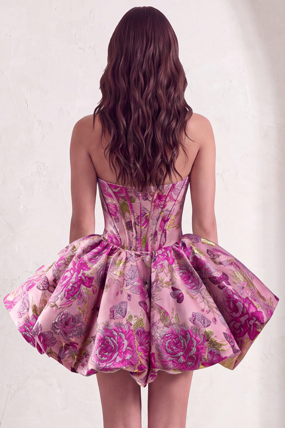 Red Corset Strapless Floral Short Jacquard Homecoming Dress