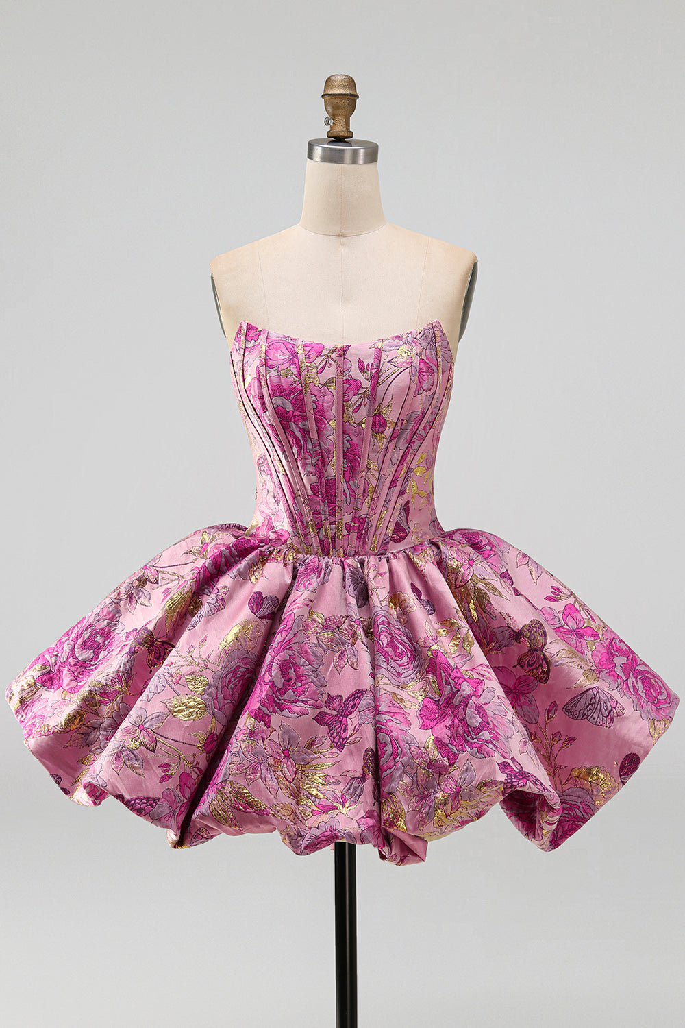 Red Corset Strapless Floral Short Jacquard Homecoming Dress