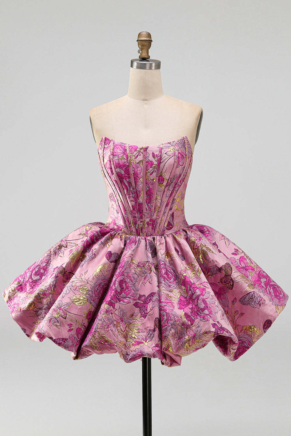 Red Corset Strapless Floral Short Jacquard Homecoming Dress