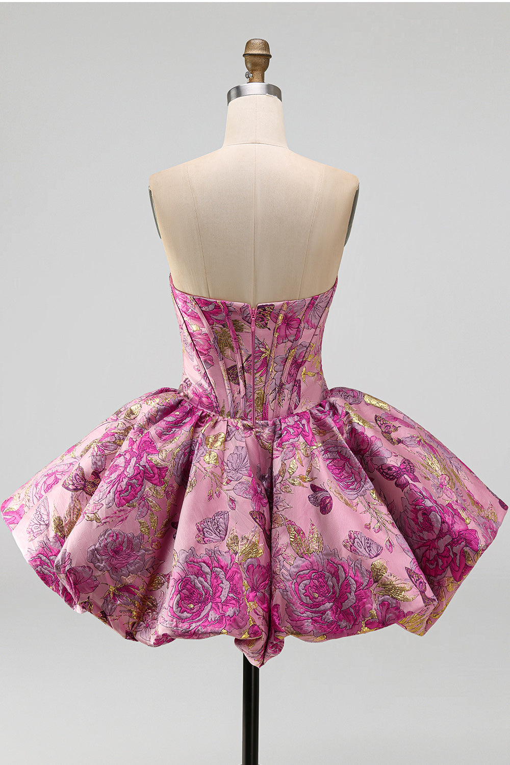 Red Corset Strapless Floral Short Jacquard Homecoming Dress