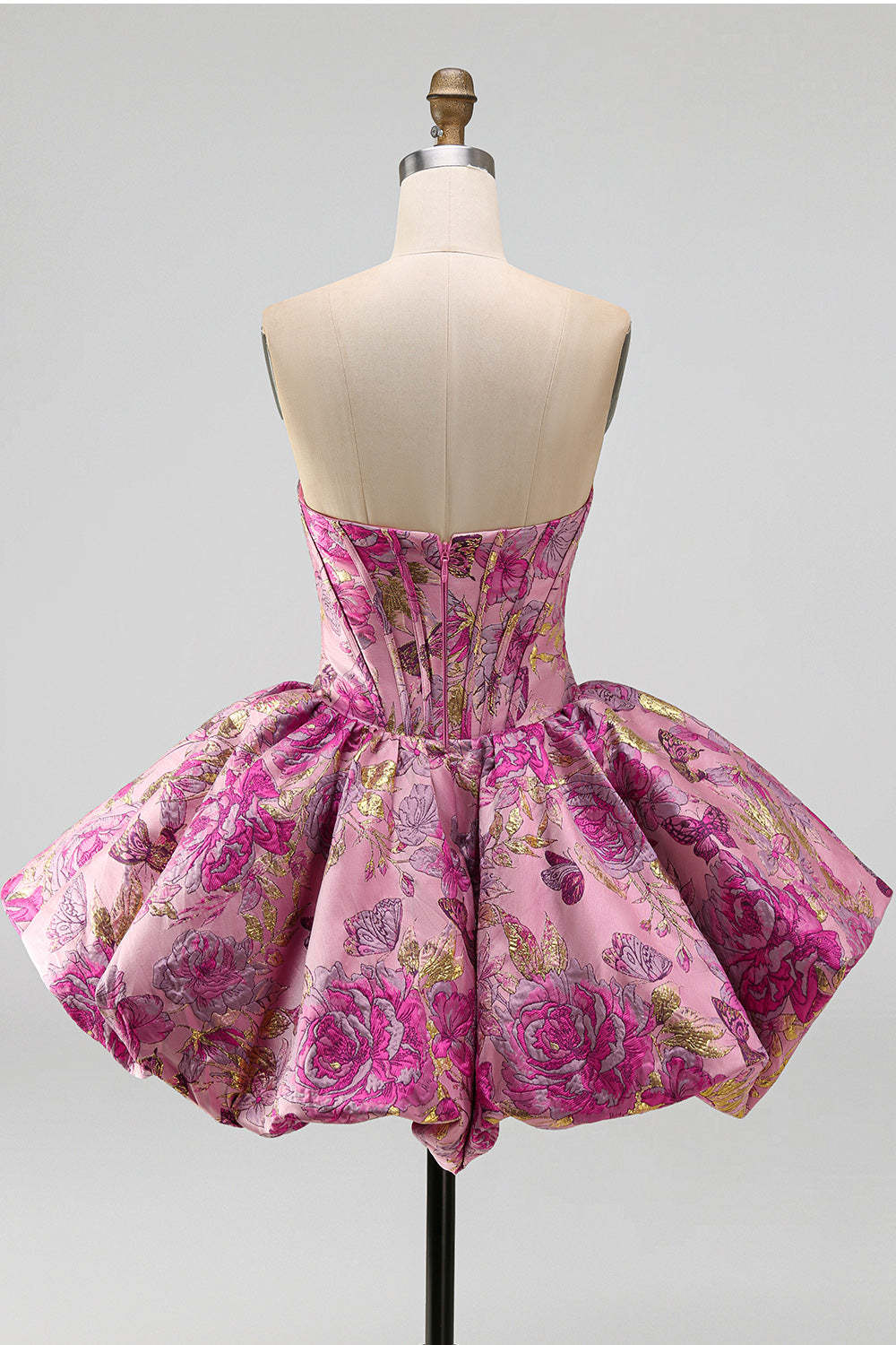Red Corset Strapless Floral Short Jacquard Homecoming Dress