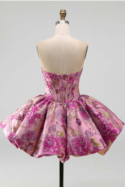 Red Corset Strapless Floral Short Jacquard Homecoming Dress
