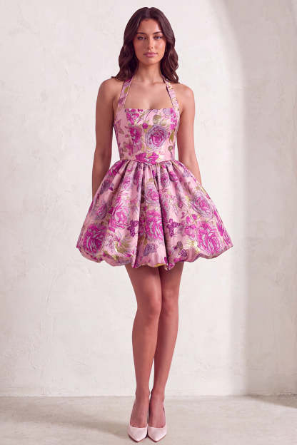 Red Floral Jacquard Halter A-Line Short Homecoming Dress