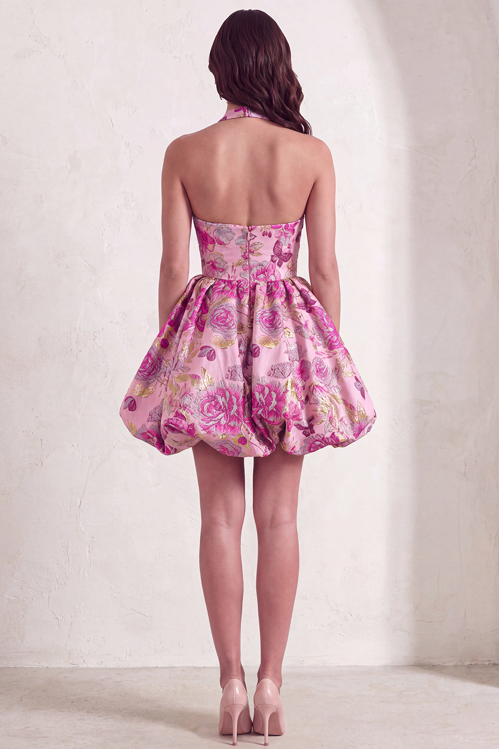 Red Floral Jacquard Halter A-Line Short Homecoming Dress