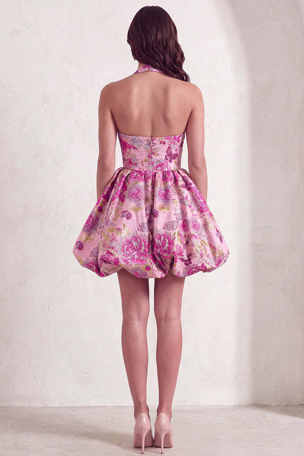 Red Floral Jacquard Halter A-Line Short Homecoming Dress