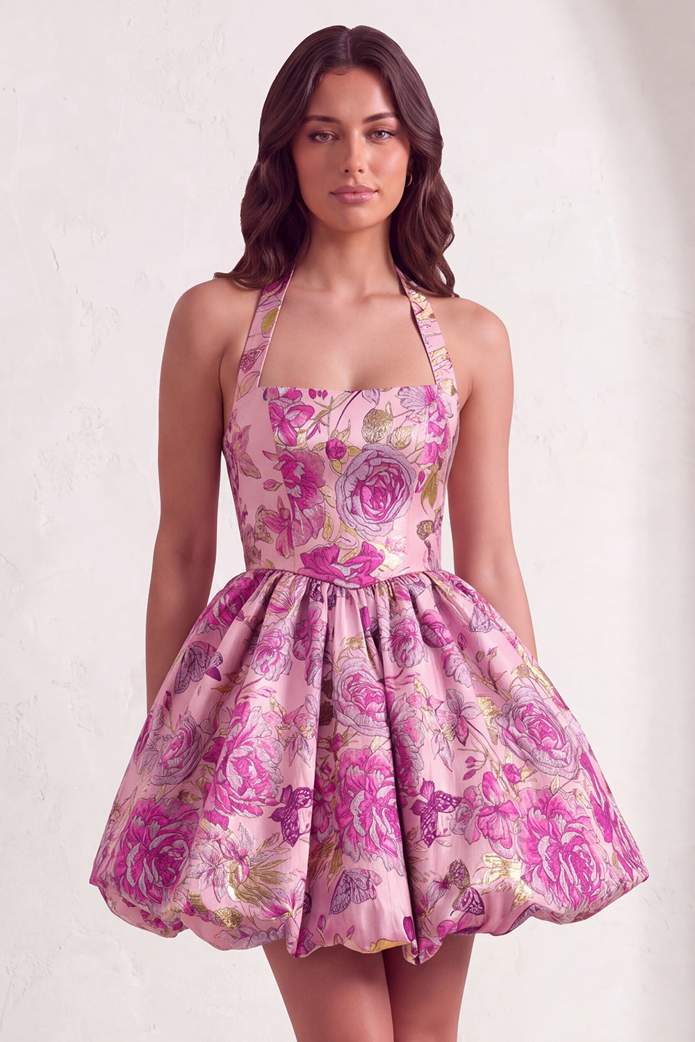 Leely Women Red Floral Short Homecoming Dress A-Line Jacquard Halter Cocktail Dress
