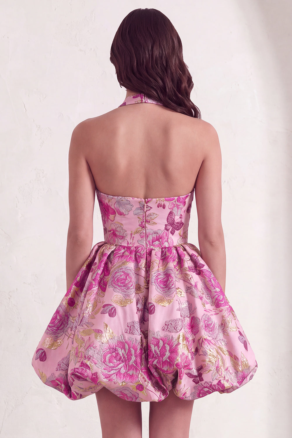 Red Floral Jacquard Halter A-Line Short Homecoming Dress