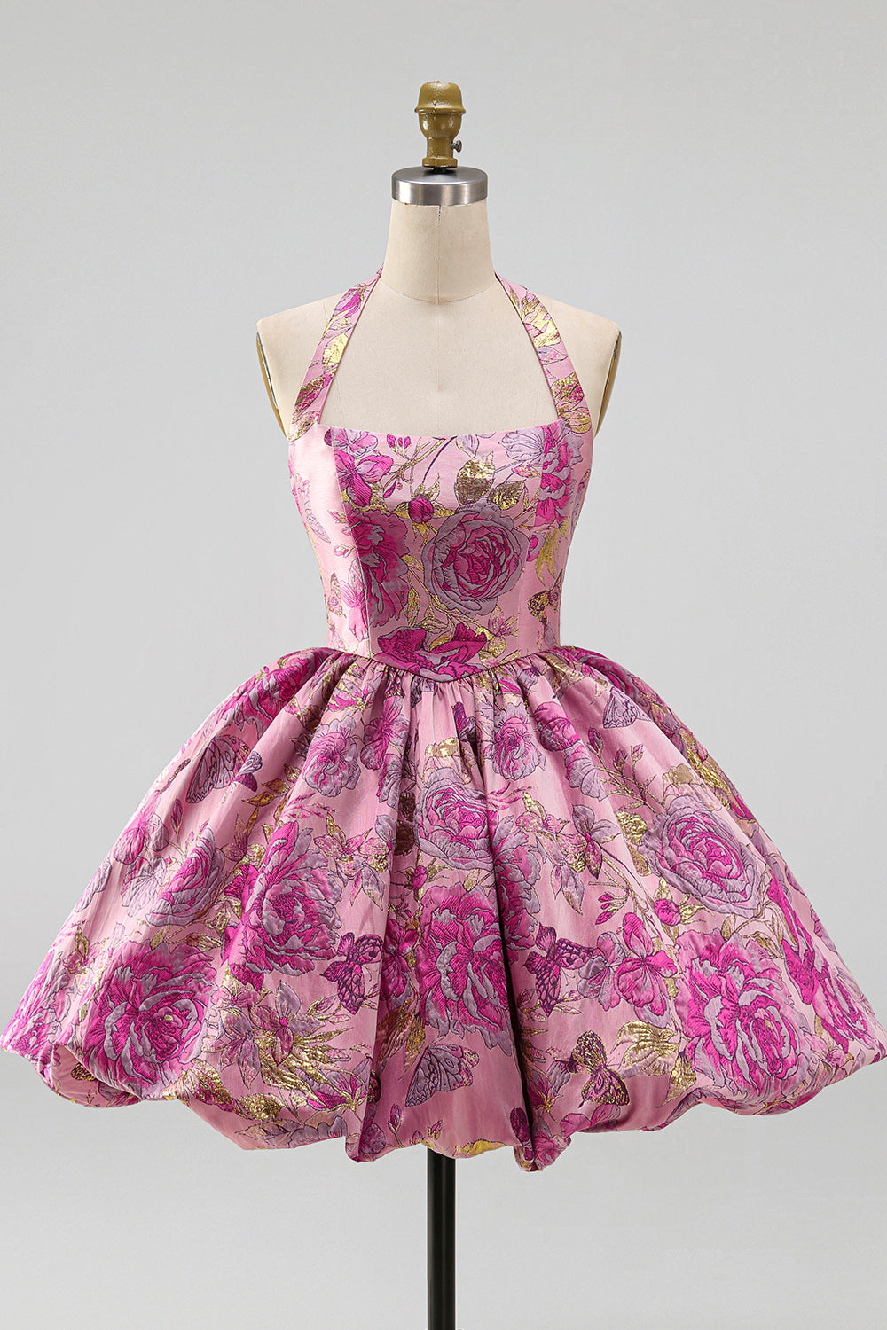 Red Floral Jacquard Halter A-Line Short Homecoming Dress