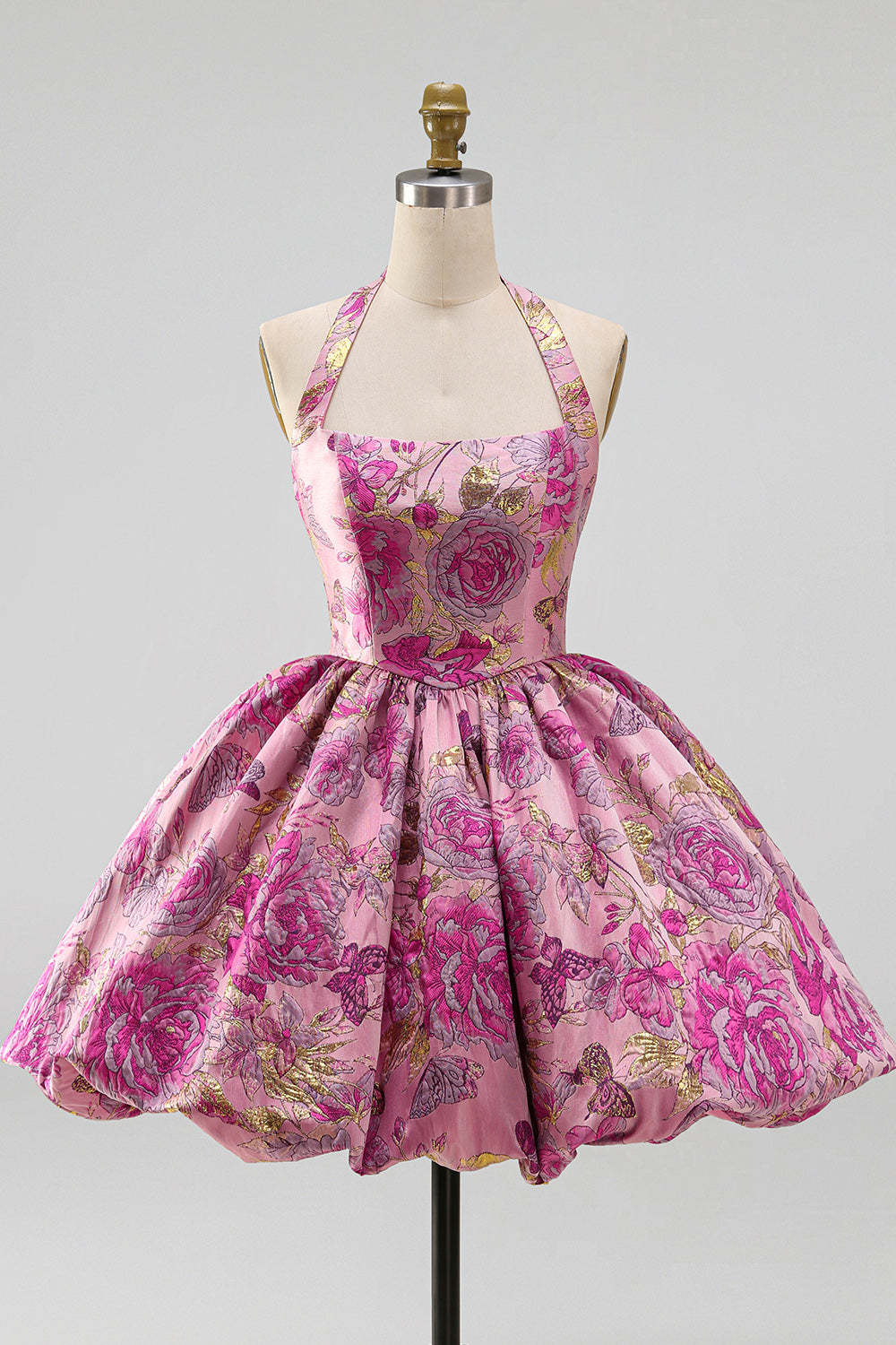 Red Floral Jacquard Halter A-Line Short Homecoming Dress