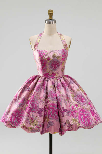 Red Floral Jacquard Halter A-Line Short Homecoming Dress
