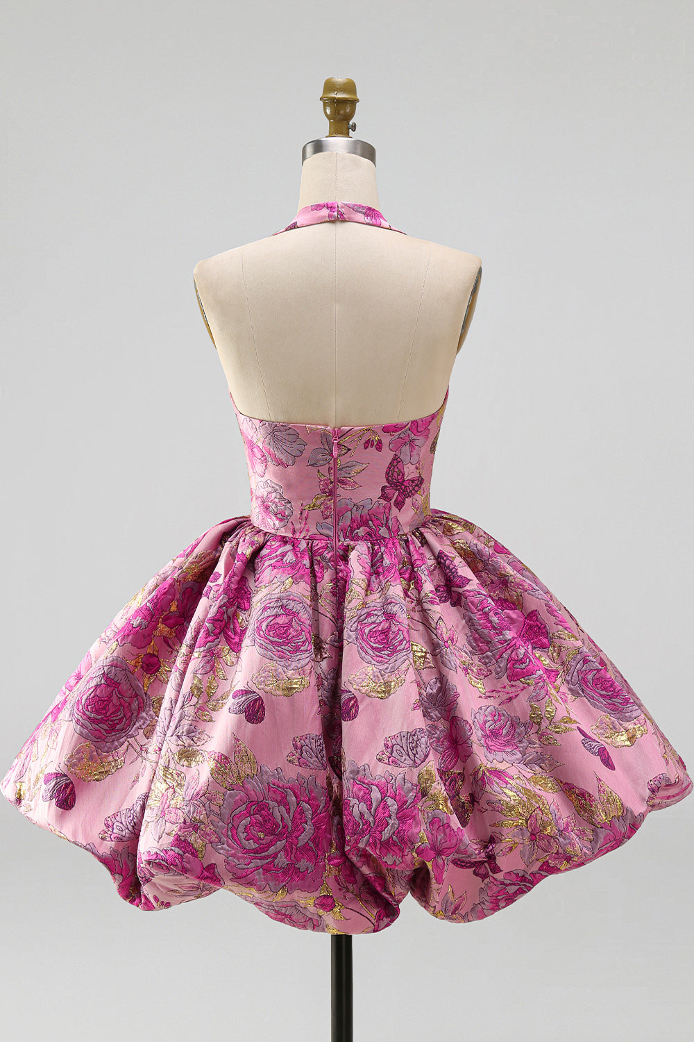 Red Floral Jacquard Halter A-Line Short Homecoming Dress