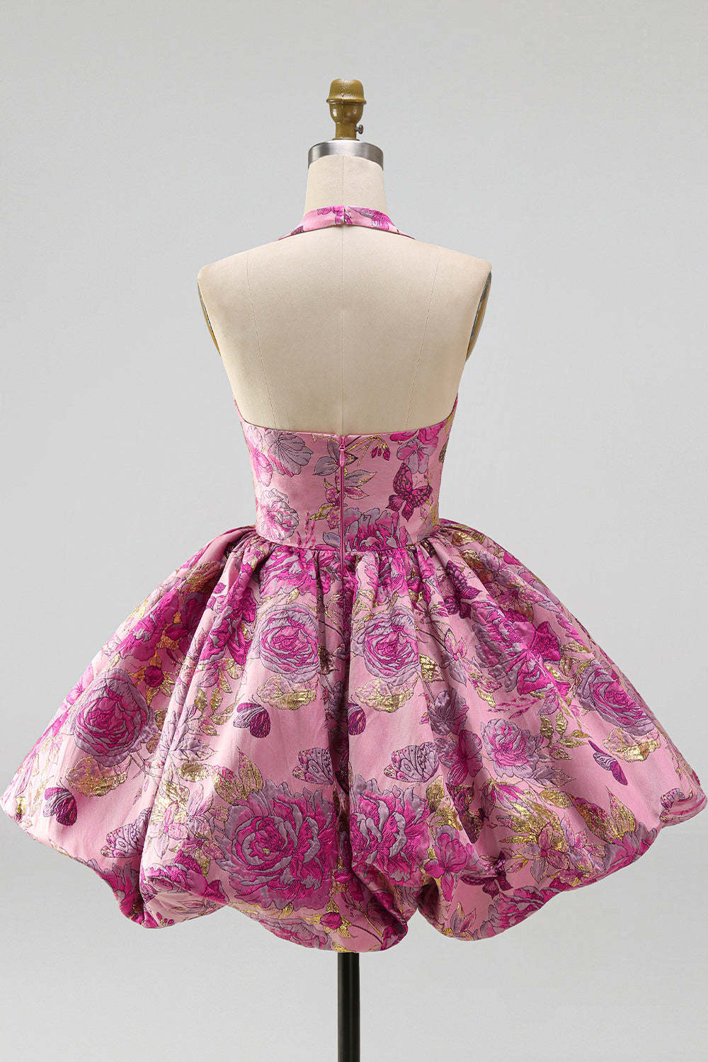 Red Floral Jacquard Halter A-Line Short Homecoming Dress