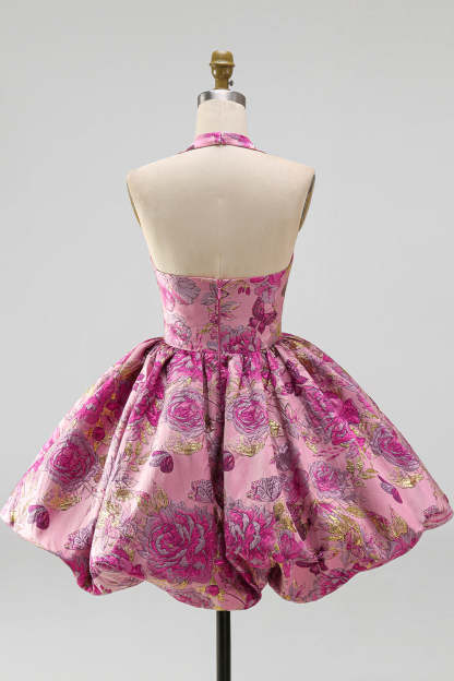 Red Floral Jacquard Halter A-Line Short Homecoming Dress