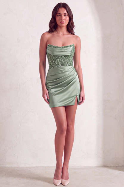 Dusty Green Sparkly Sequins Strapless Bodycon Short Homecoming Dress