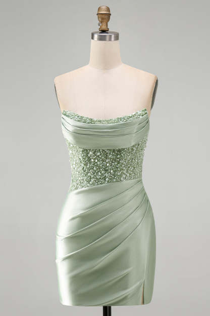 Dusty Green Sparkly Sequins Strapless Bodycon Short Homecoming Dress
