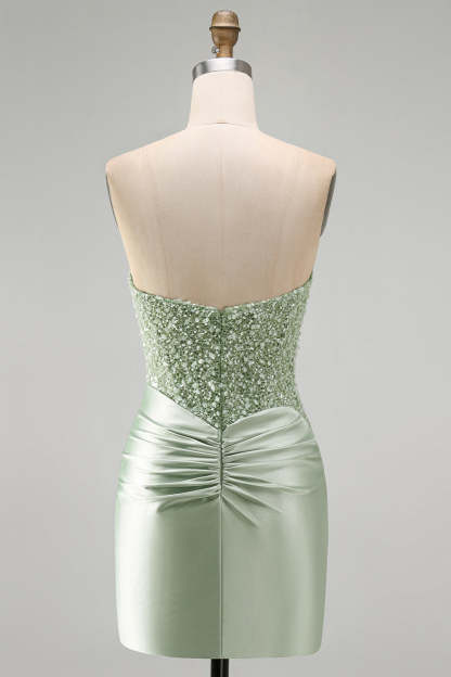 Dusty Green Sparkly Sequins Strapless Bodycon Short Homecoming Dress