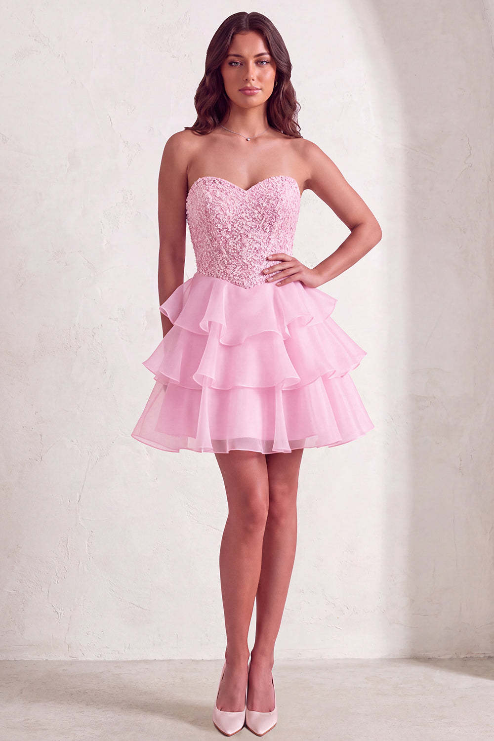 Pink Sparkly Sequins Strapless Beaded A-Line Ruffled Short Homecoming Dress