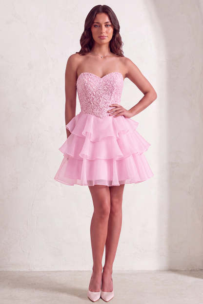 Pink Sparkly Sequins Strapless Beaded A-Line Ruffled Short Homecoming Dress