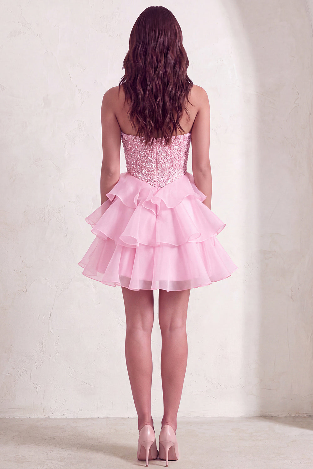 Pink Sparkly Sequins Strapless Beaded A-Line Ruffled Short Homecoming Dress