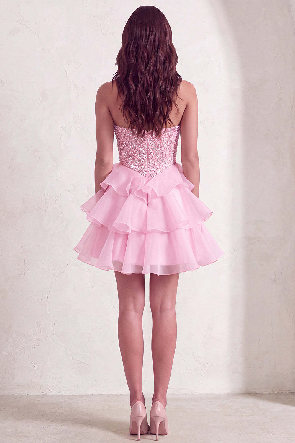 Pink Sparkly Sequins Strapless Beaded A-Line Ruffled Short Homecoming Dress