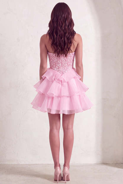 Pink Sparkly Sequins Strapless Beaded A-Line Ruffled Short Homecoming Dress