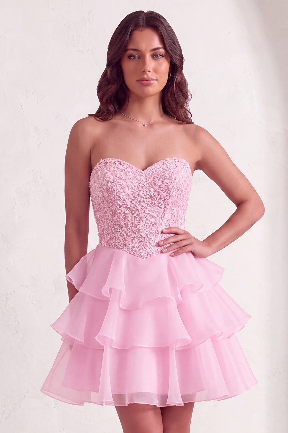 Leely Women Sparkly Beaded Sequins Pink Short Homecoming Dress A-Line Strapless Tiered Cocktail Dress with Ruffles