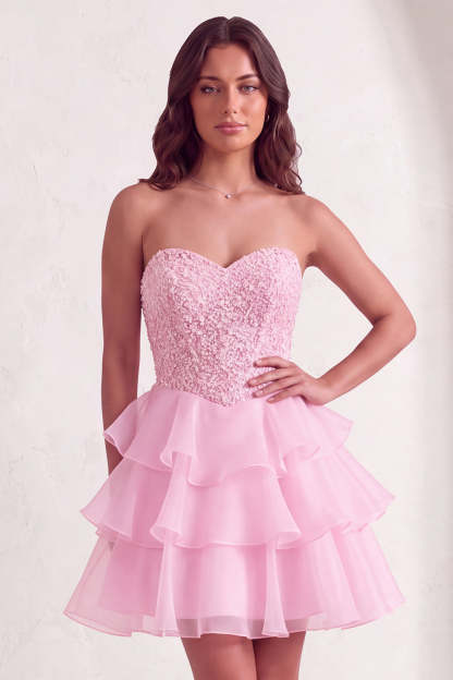 Leely Women Sparkly Beaded Sequins Pink Short Homecoming Dress A-Line Strapless Tiered Cocktail Dress with Ruffles