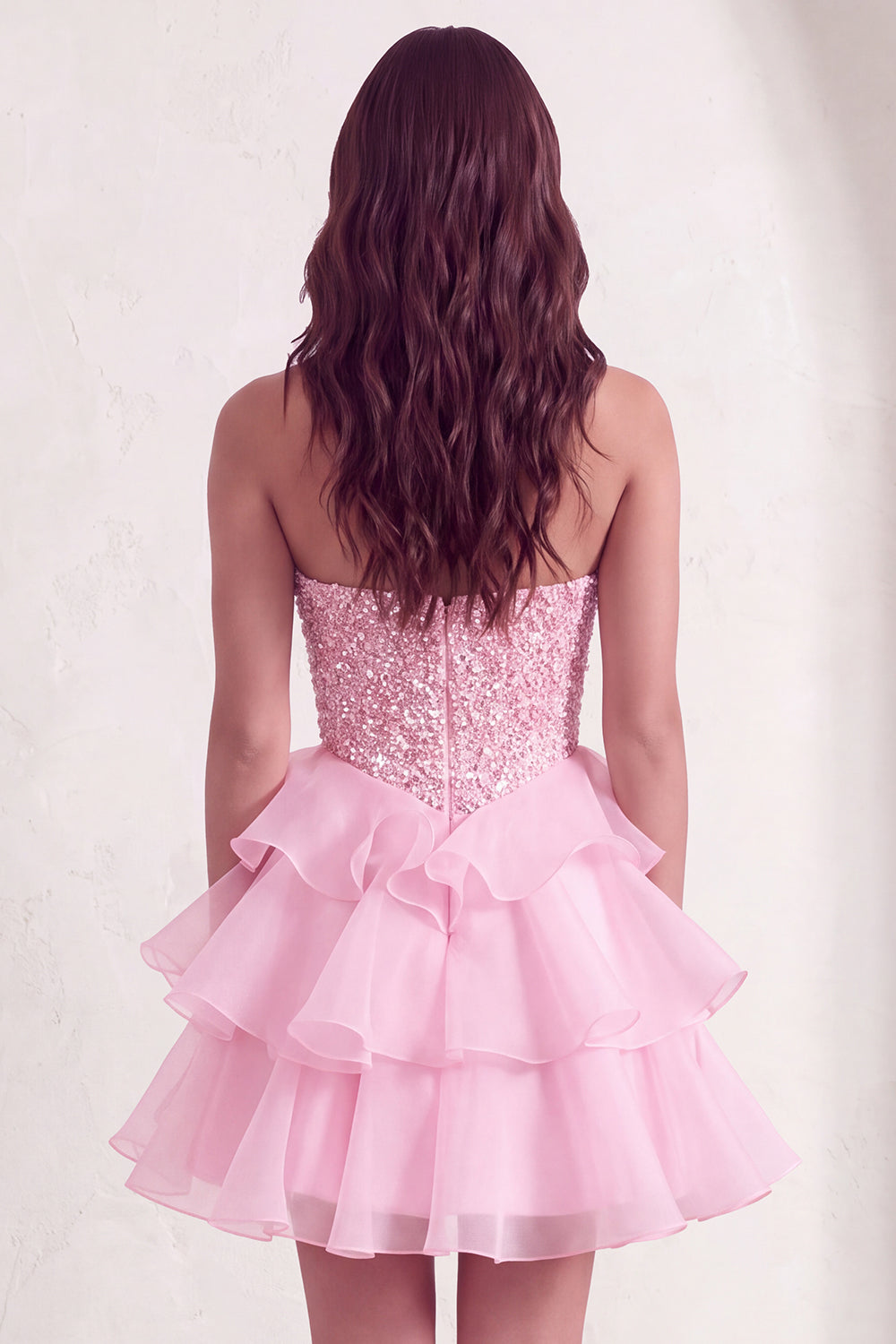 Pink Sparkly Sequins Strapless Beaded A-Line Ruffled Short Homecoming Dress