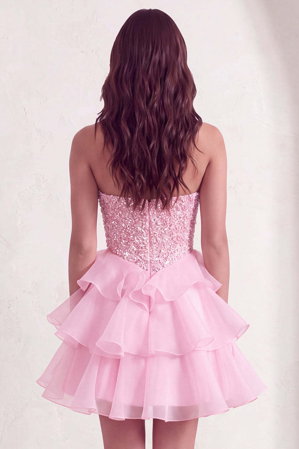 Pink Sparkly Sequins Strapless Beaded A-Line Ruffled Short Homecoming Dress