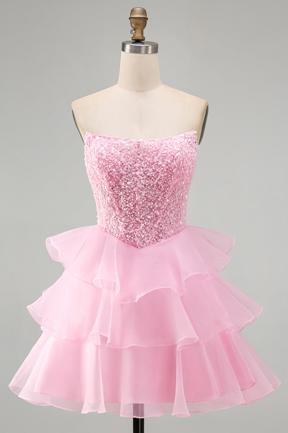 Pink Sparkly Sequins Strapless Beaded A-Line Ruffled Short Homecoming Dress