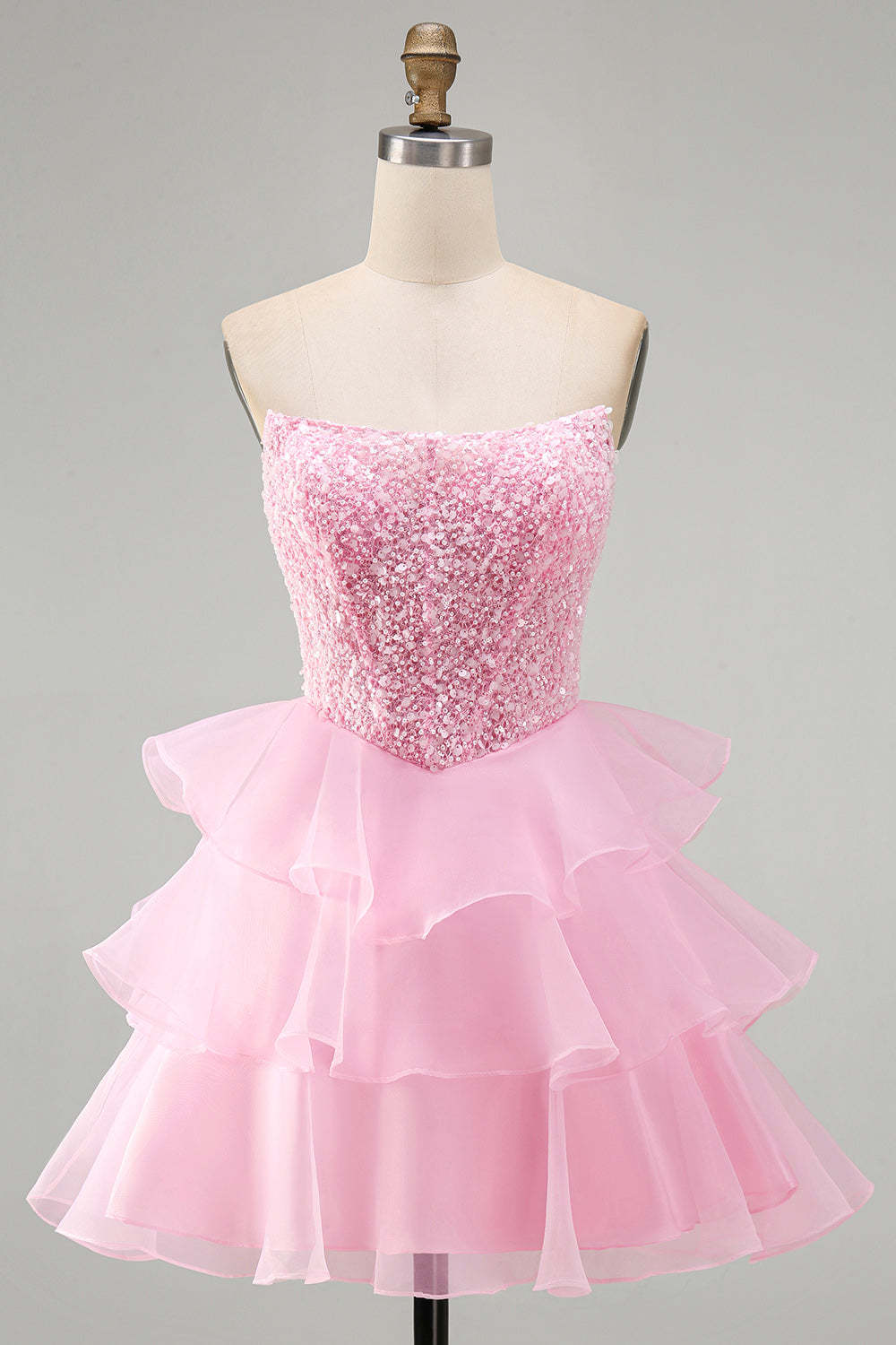 Pink Sparkly Sequins Strapless Beaded A-Line Ruffled Short Homecoming Dress