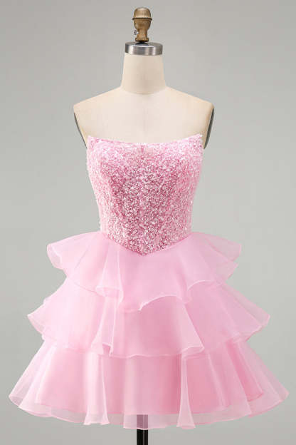 Pink Sparkly Sequins Strapless Beaded A-Line Ruffled Short Homecoming Dress